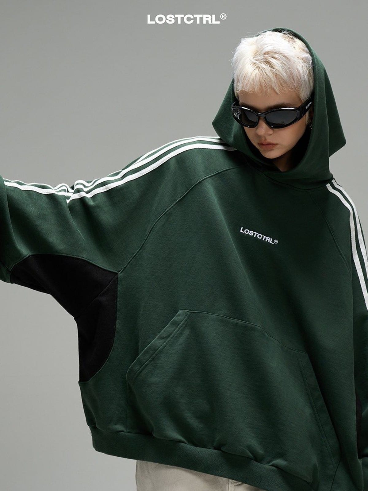 LOSTCTRL Three Stripe Cotton Hoodie in Green - On Female Model