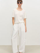 MSBEAST Rolled Edge Silk Cotton U Neck T Shirt in White - On Female Model