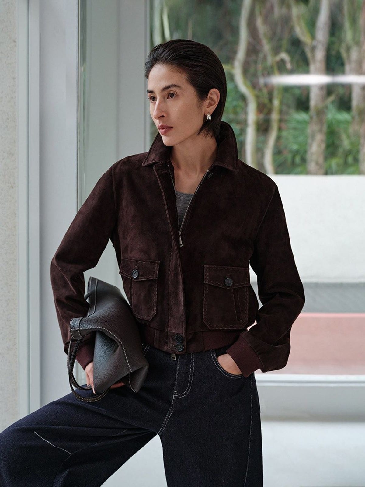 MSBEAST Cropped Suede Leather Jacket in Dark Brown - On Female Model