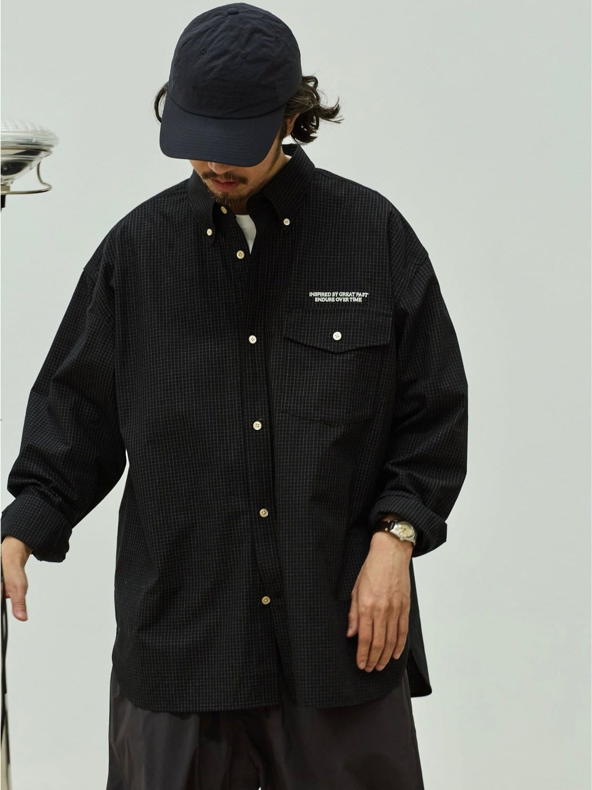 USAGE Oversized Micro Check Button Down Shirt in Black - On Male Model
