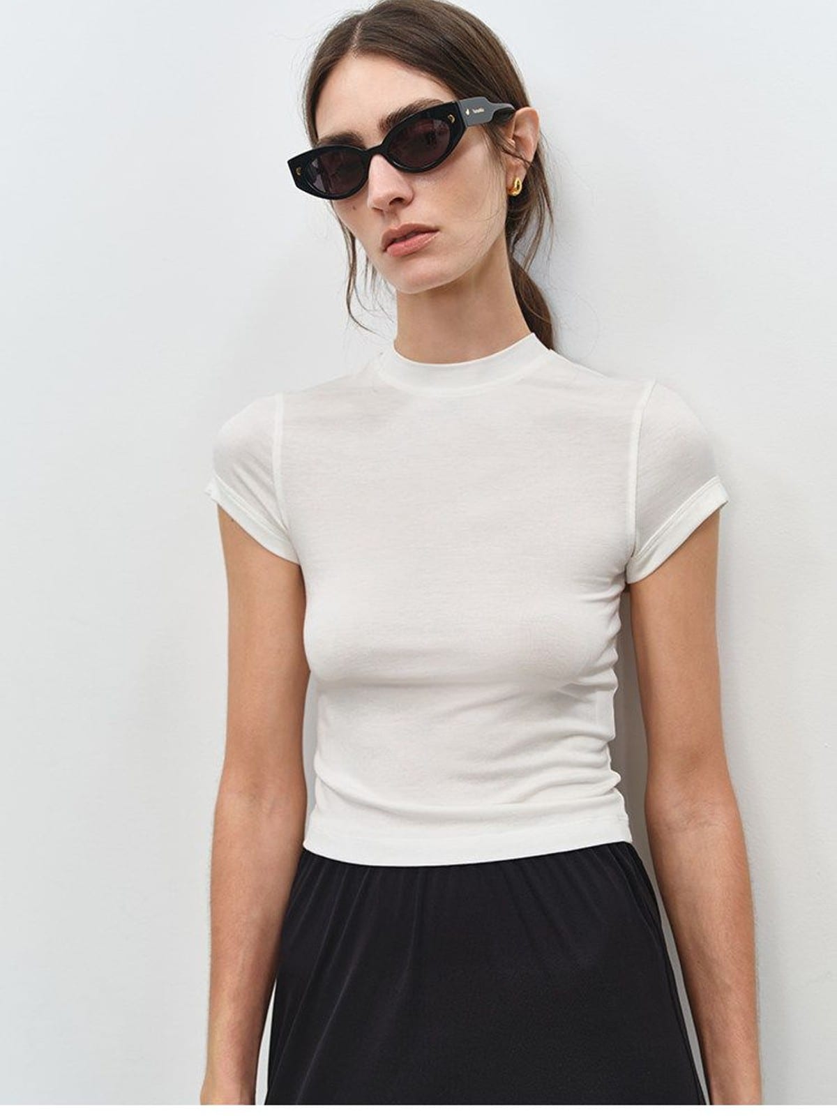 MSBEAST Acetate Modal Cap Sleeve Cropped T Shirt in White - On Female Model