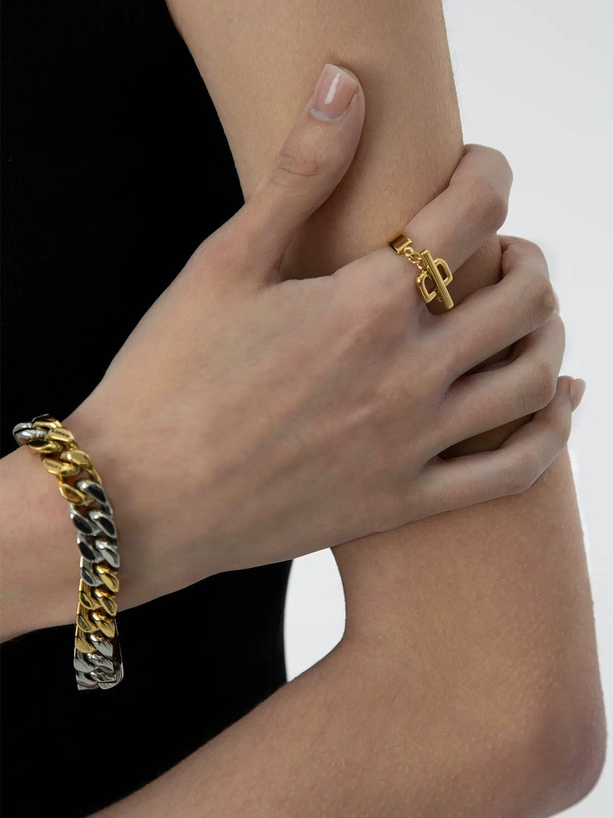 BLACKHEAD Structural Letter B Ring in Yellow - On Female Model