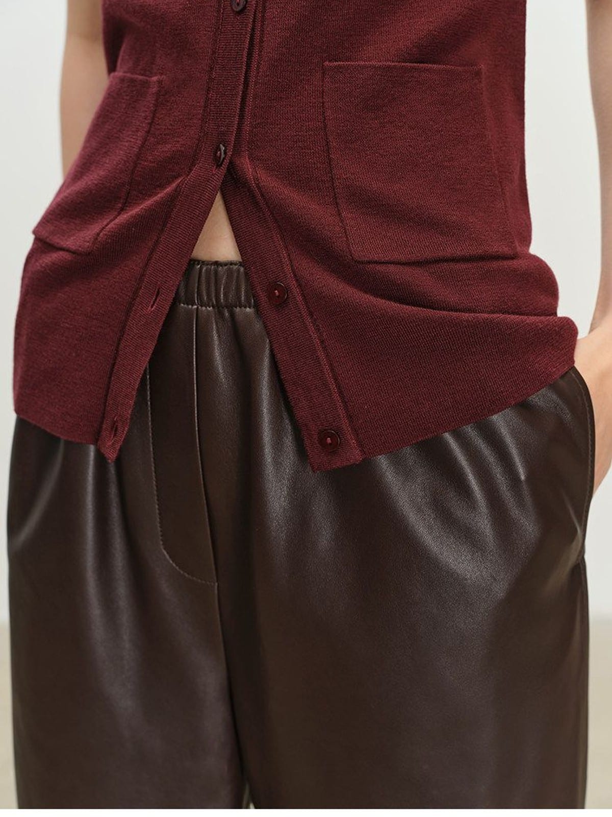 MSBEAST Cropped Wide Leg Leather Trousers in Brown - On Female Model