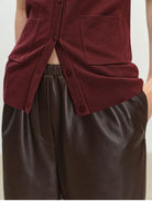 MSBEAST Cropped Wide Leg Leather Trousers in Brown - On Female Model