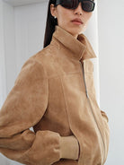 MSBEAST Top Grain Sheepskin Collared Bomber in Beige - On Female Model
