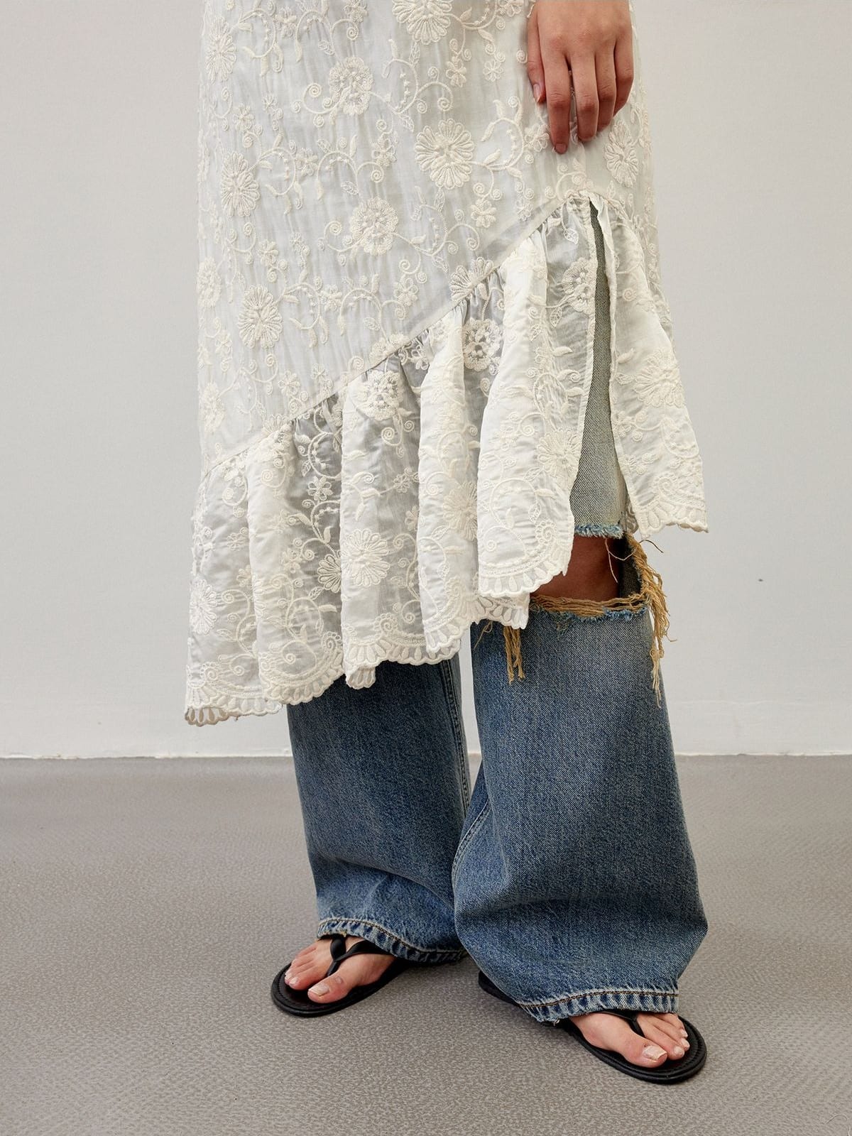 Random Piece Distressed Turkish Cotton Flared Jeans in Blue - On Female Model