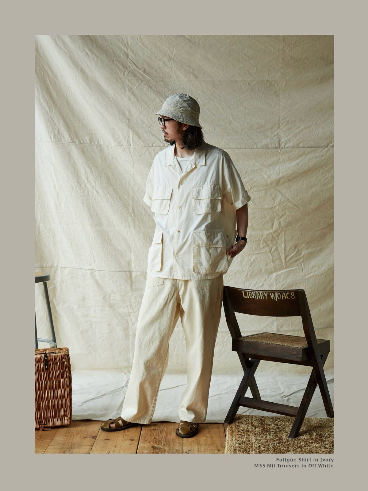 USAGE Vintage Neppy Cotton Straight Leg Jeans in Cream - On Male Model