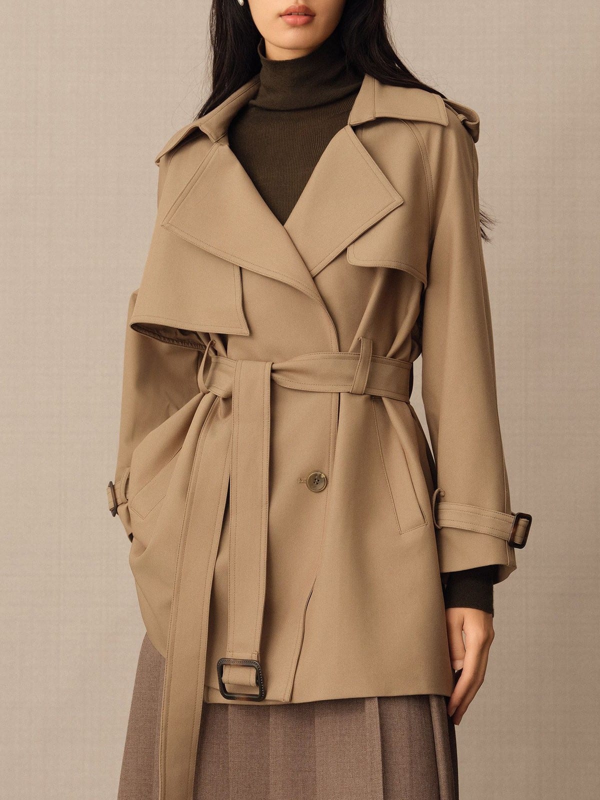 TEASEL Double Breasted Belted Trench Coat in Khaki - On Female Model