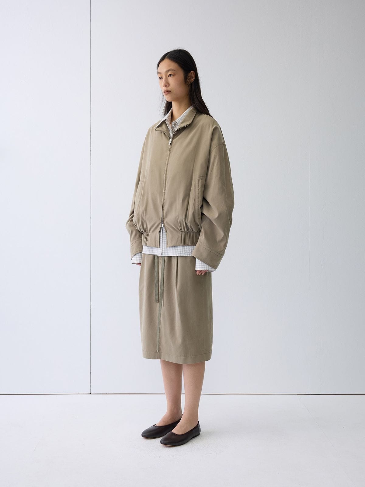 Random Piece Nylon Blend Zip Up Cropped Jacket in Khaki - On Female Model