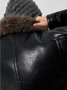 SIMPLE PROJECT Faux Leather Shearling Collar Jacket in Black - On Model