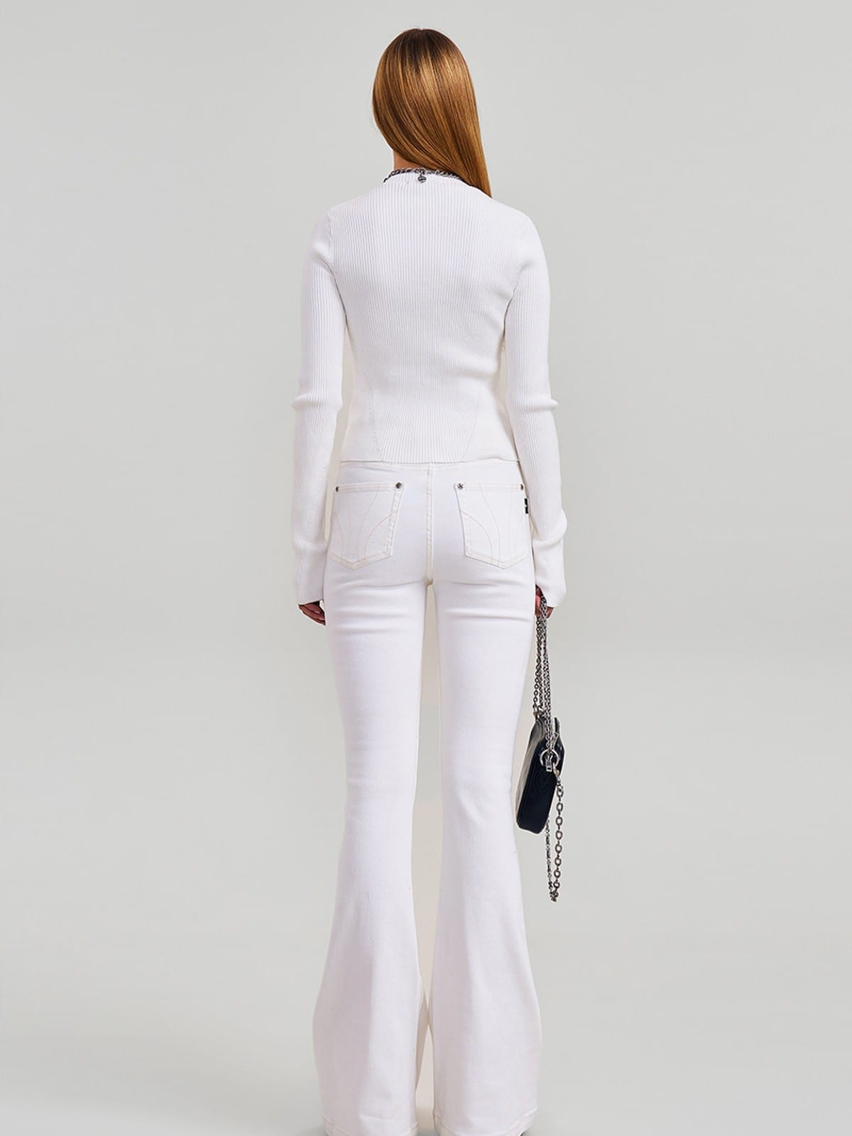 SMFK Stretch Cotton Blend Flared Jeans in White - On Model