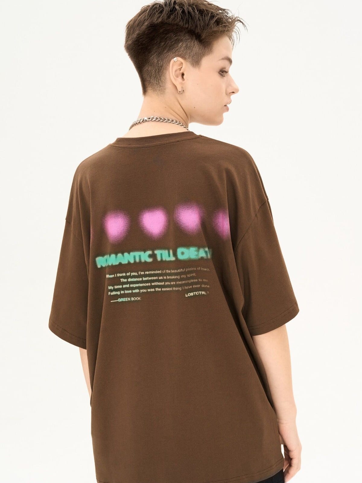 LOSTCTRL Blurred Heart Graphic Cotton T Shirt in Brown - On Model