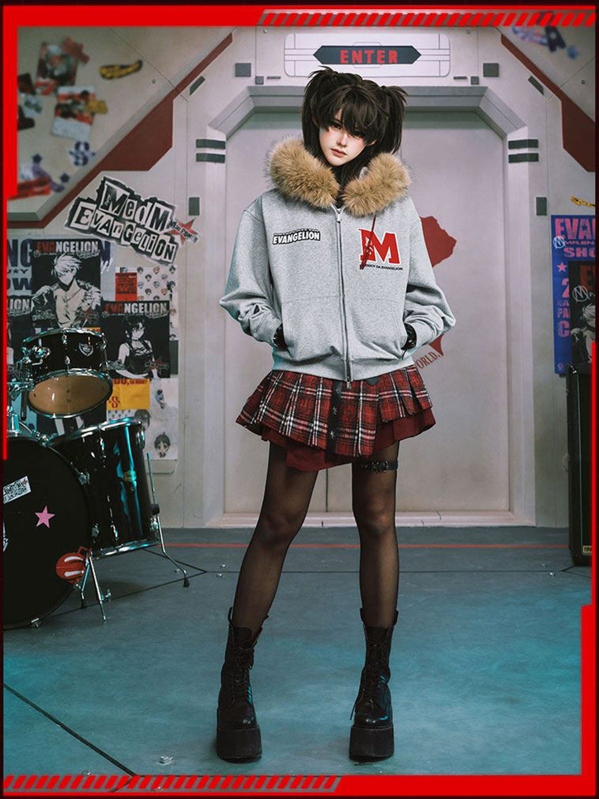 MEDM Faux Fur Trimmed Graphic Zip Hoodie in Gray - On Female Model