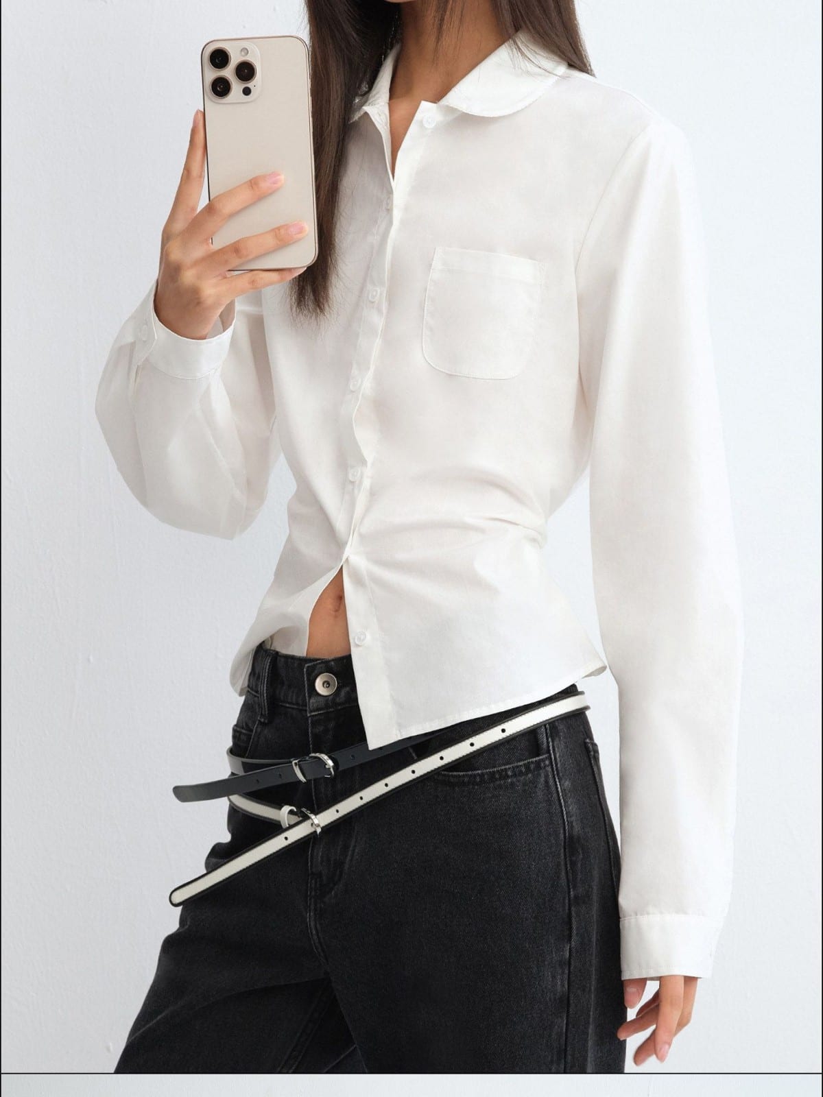 RARELY ALIKE Scalloped Peter Pan Collar Blouse in White - On Female Model