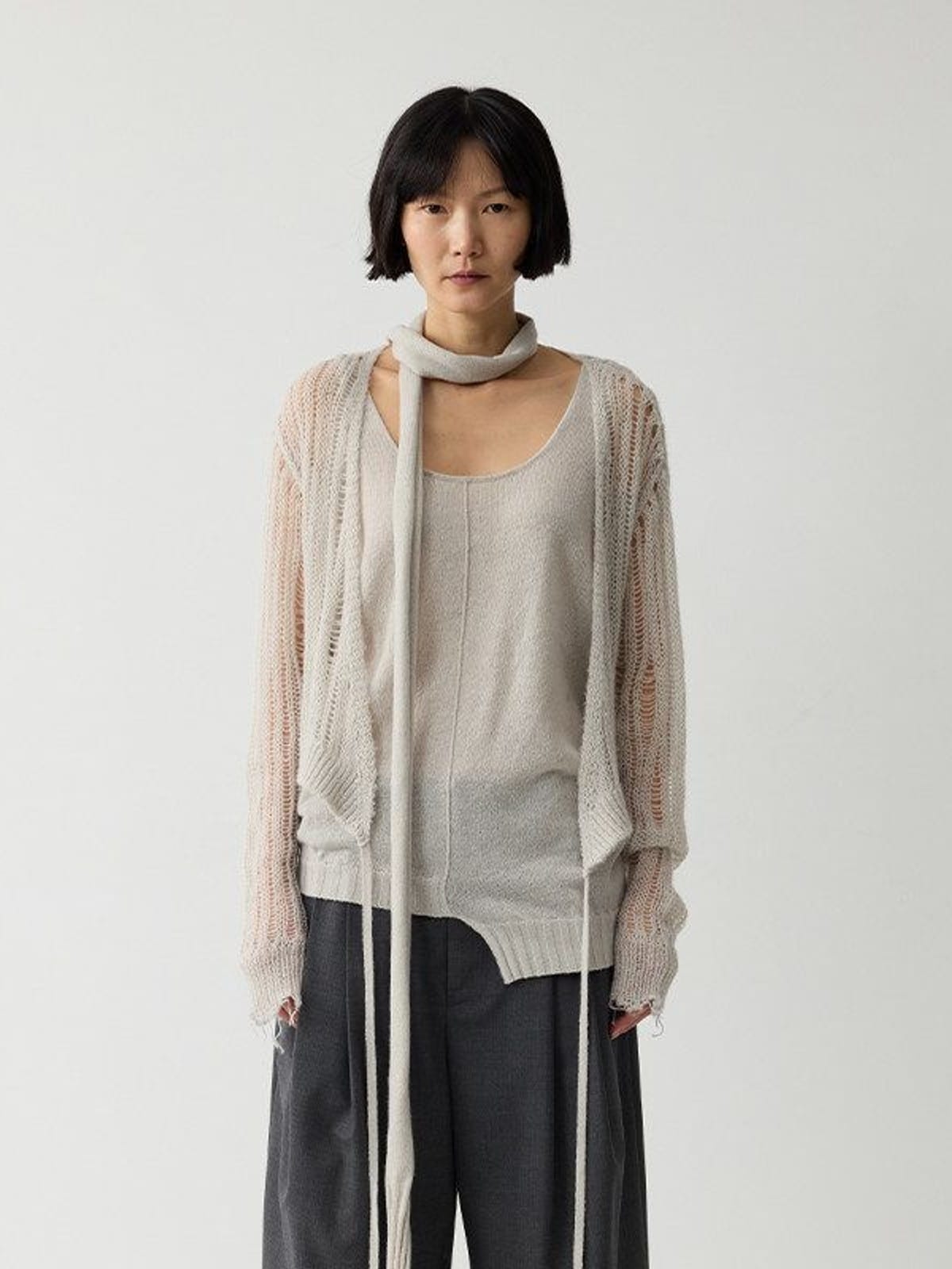 Random Piece Alpaca Blend Scarf Tie Knit Vest in Gray - On Female Model