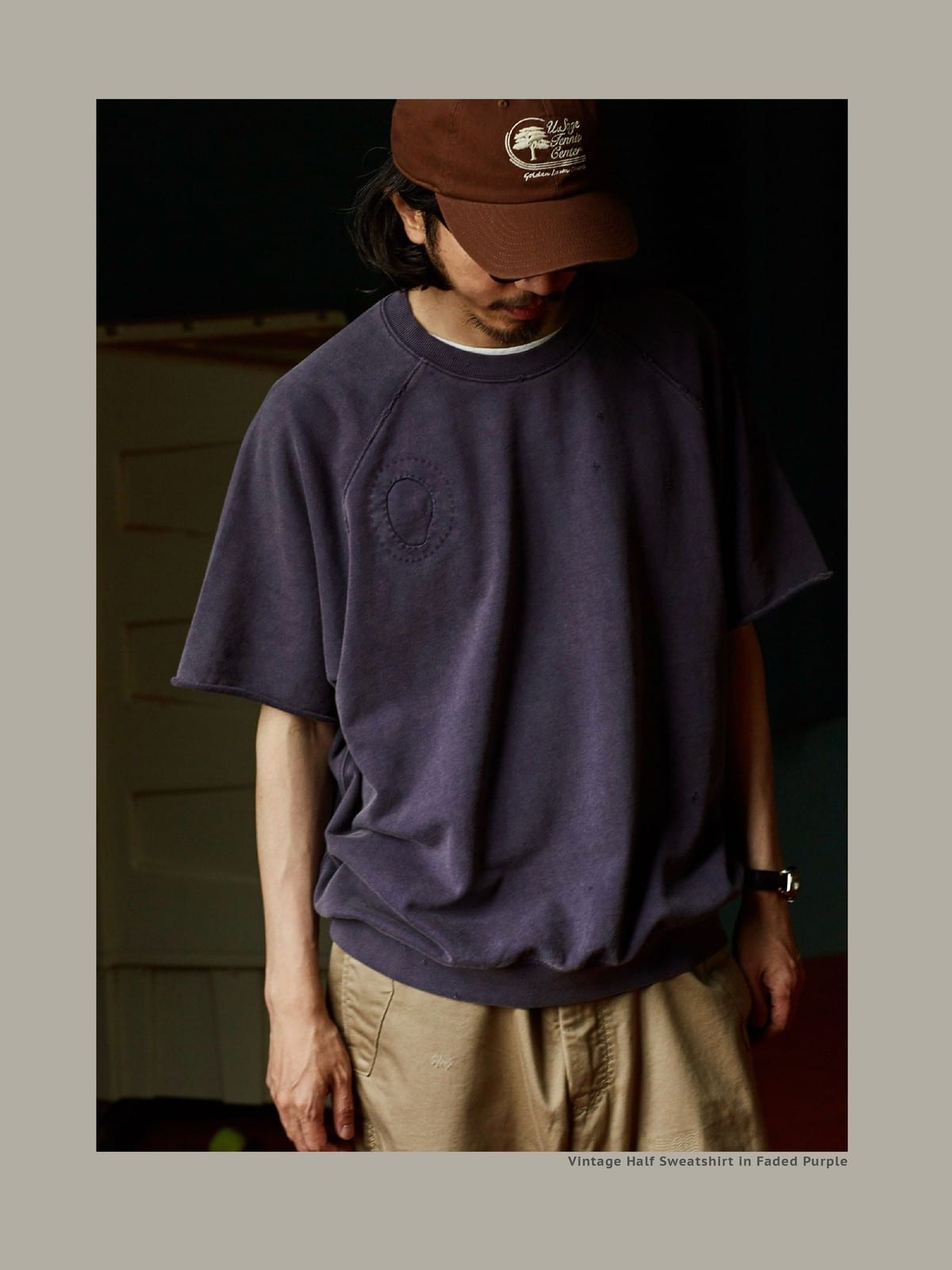 USAGE Vintage Wash Distressed Short Sleeve Sweatshirt in Purple - On Male Model