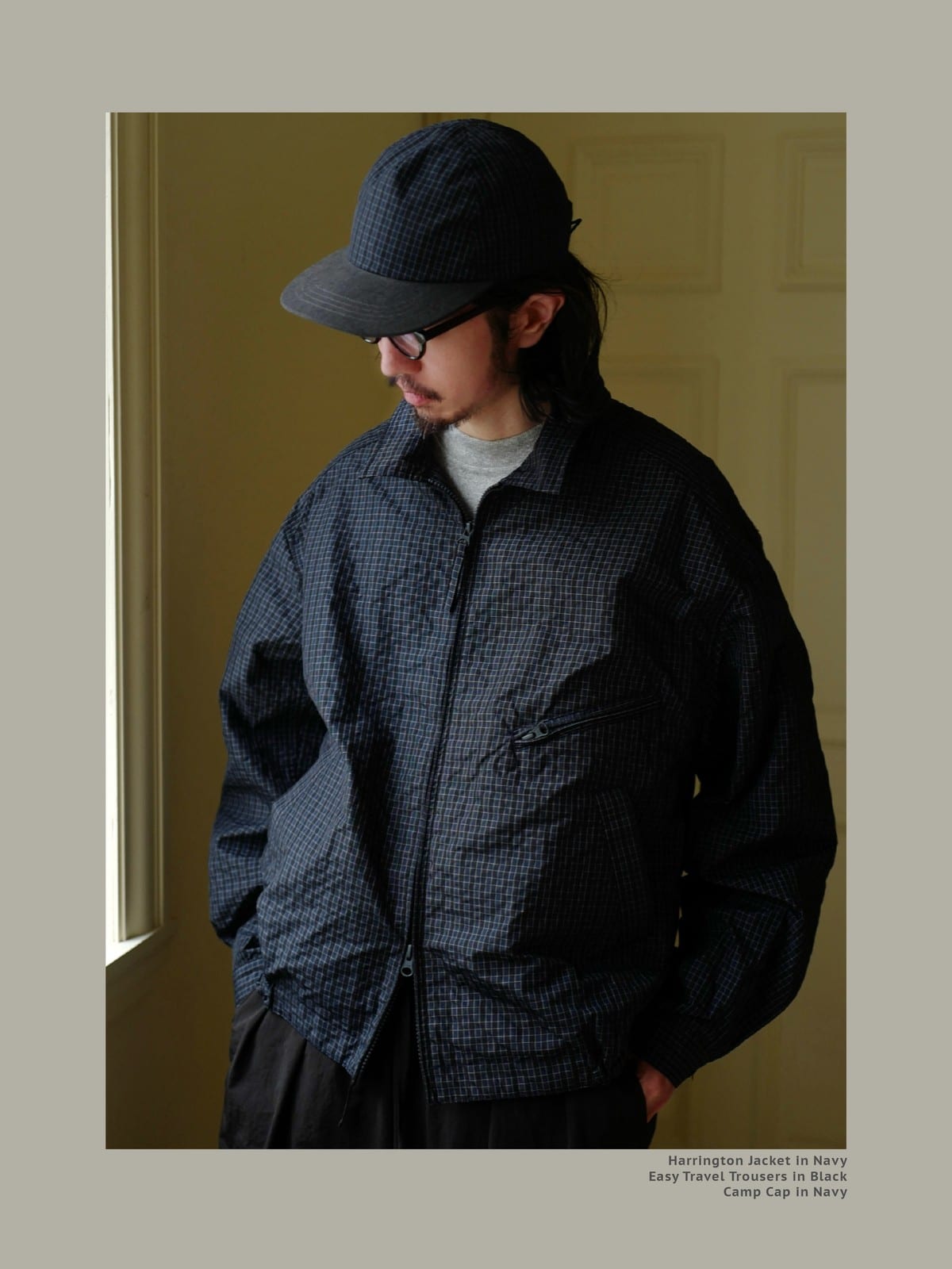 USAGE Jacquard Check Harrington Jacket in Navy Blue - On Male Model