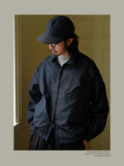 USAGE Jacquard Check Harrington Jacket in Navy Blue - On Male Model