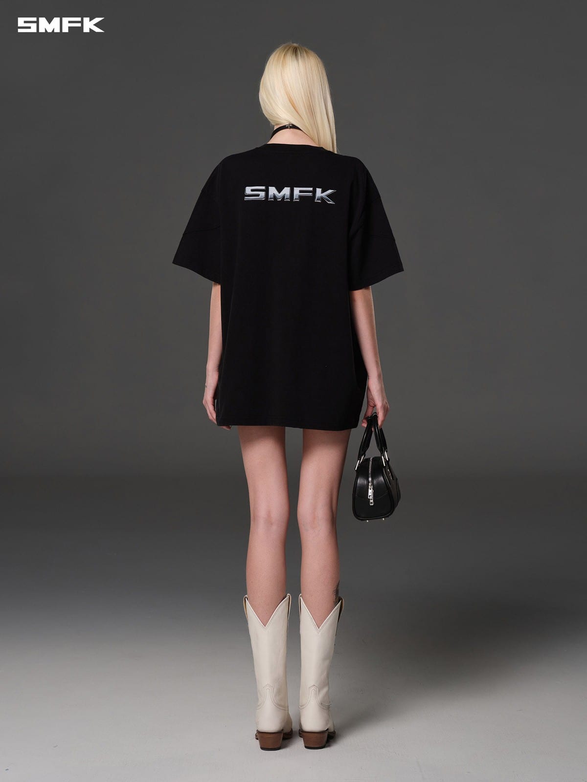 SMFK Oversized Cotton Graphic T Shirt in Black - On Model