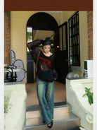 BeerBro Vintage Wash Straight Leg Jeans in Blue - On Female Model