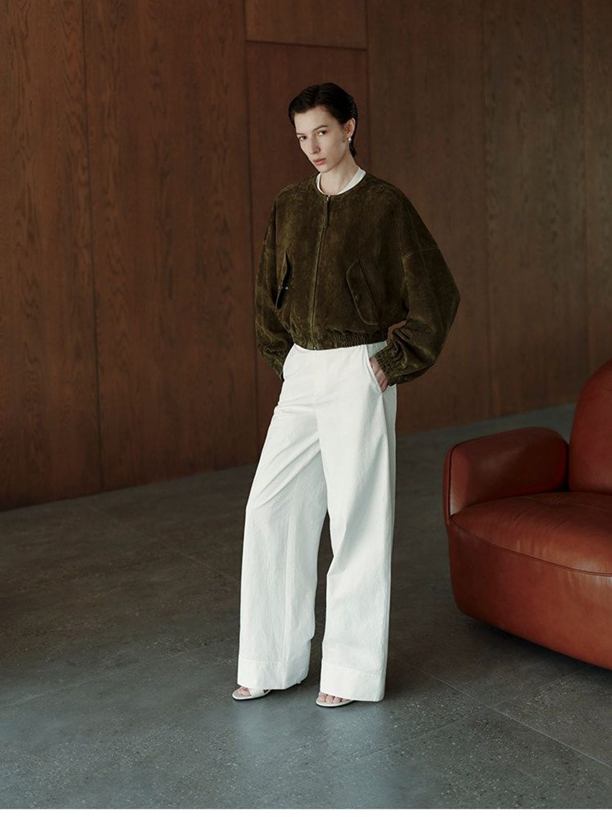 MSBEAST Textured Cotton Wide Leg Trousers in White - On Female Model