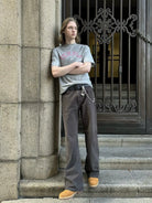 VLABMADE Resin Crinkled Micro Flare Jeans in Gray - On Male Model