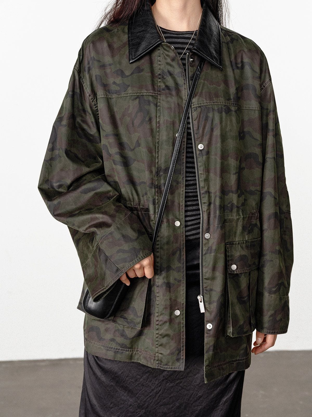 Random Piece Matte Coated Utility Jacket in Army Green - On Model