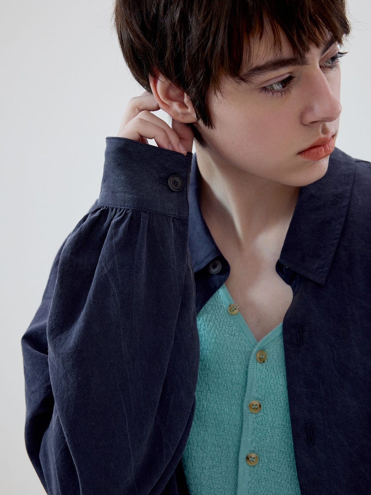 SIMPLE PROJECT Washed Lyocell Long Sleeve Shirt in Navy Blue - On Model