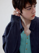 SIMPLE PROJECT Washed Lyocell Long Sleeve Shirt in Navy Blue - On Model