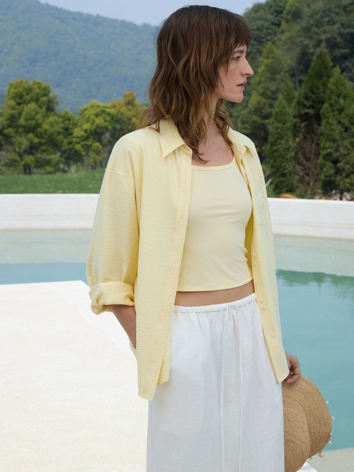 TEASEL Crinkled Silk Blend Short Sleeve Top in Yellow - On Female Model