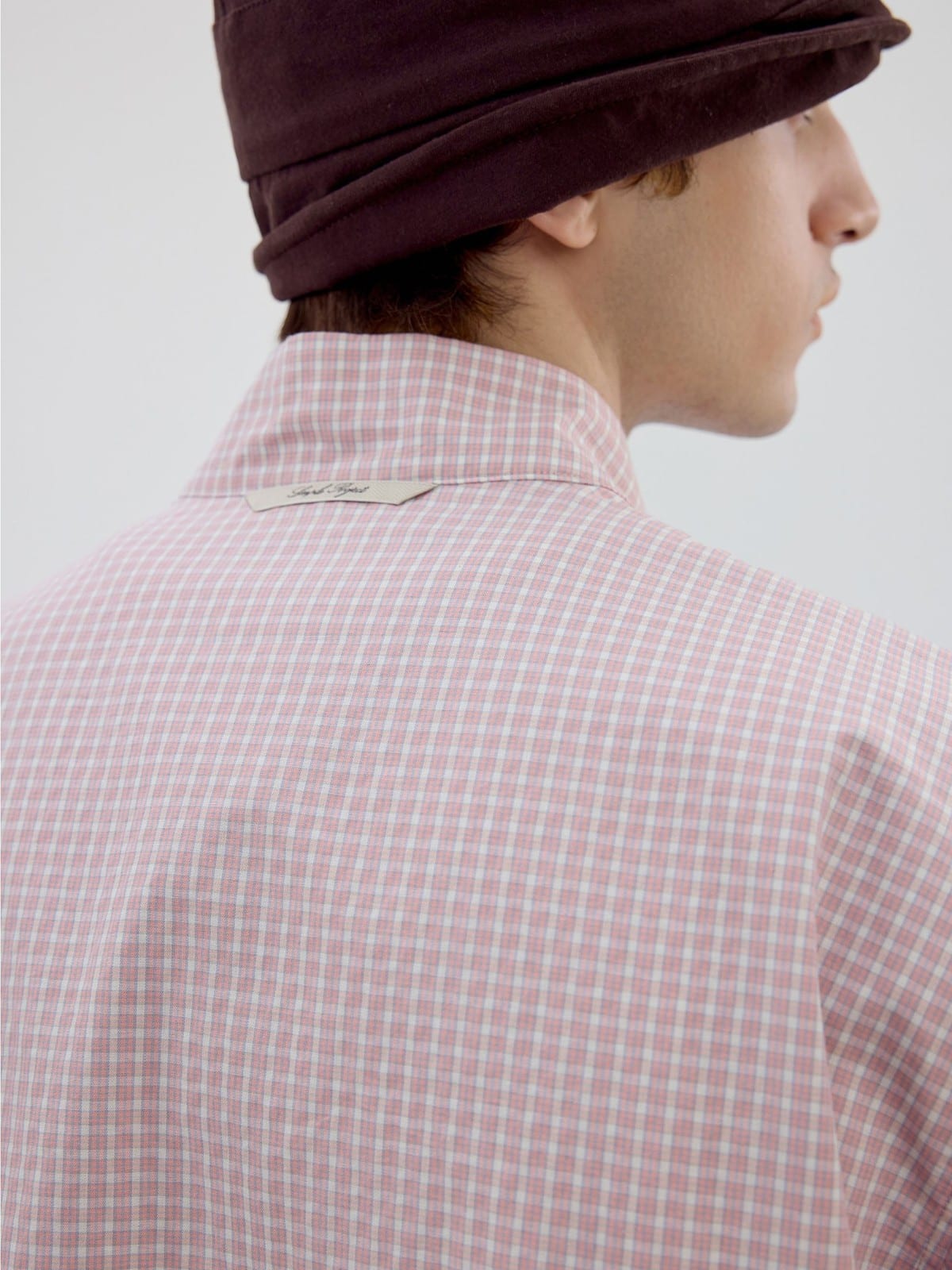 SIMPLE PROJECT Half Placket Plaid Popover Shirt in Pink - On Model