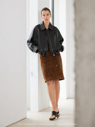 MSBEAST Cropped Leather Drawstring Jacket in Black - On Female Model