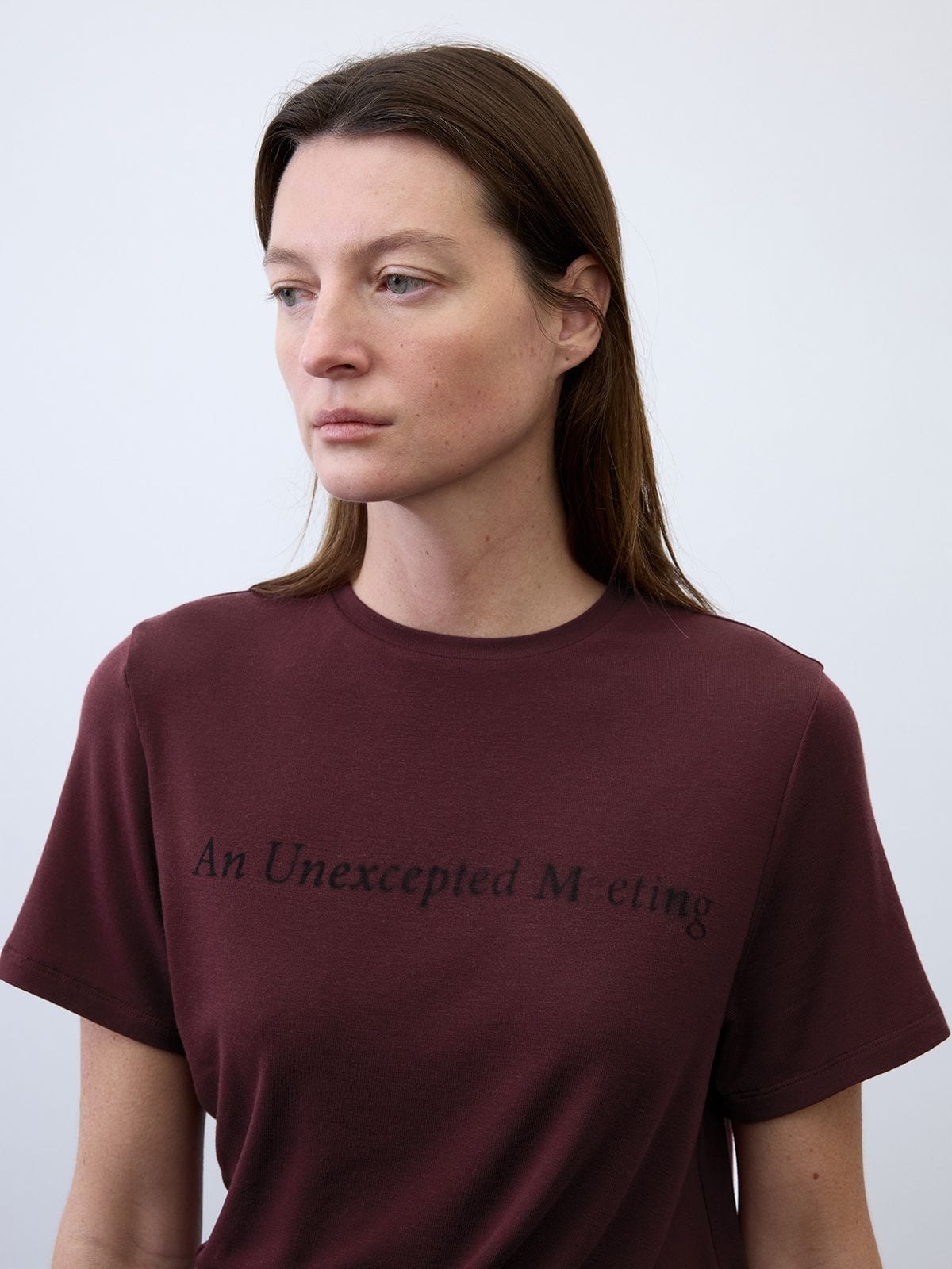 Random Piece Lyocell Blend Letter Print T Shirt in Burgundy - On Female Model