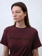 Random Piece Lyocell Blend Letter Print T Shirt in Burgundy - On Female Model