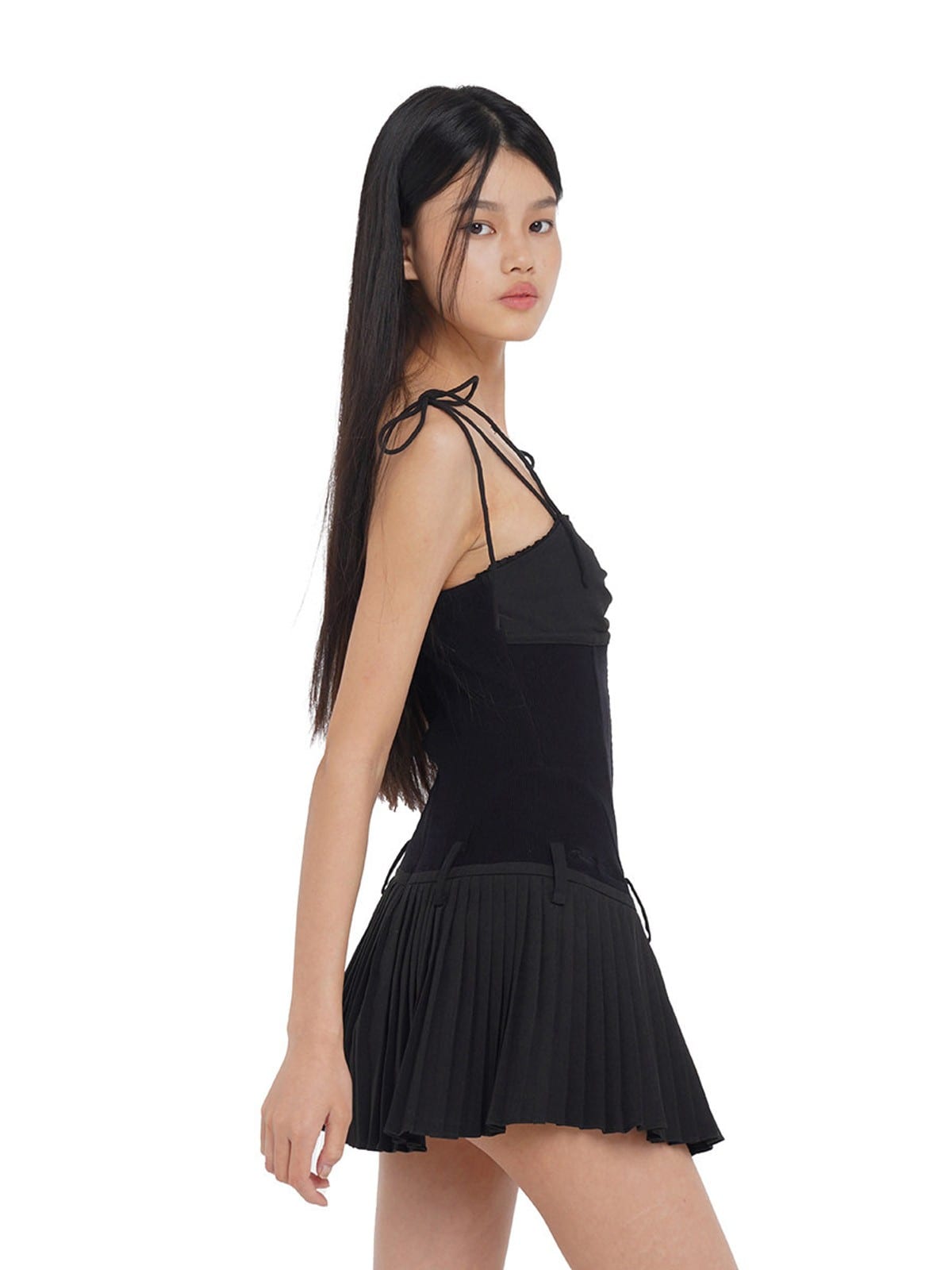 SweetChilling Pleated Paneled Slip Mini Dress in Black - On Female Model