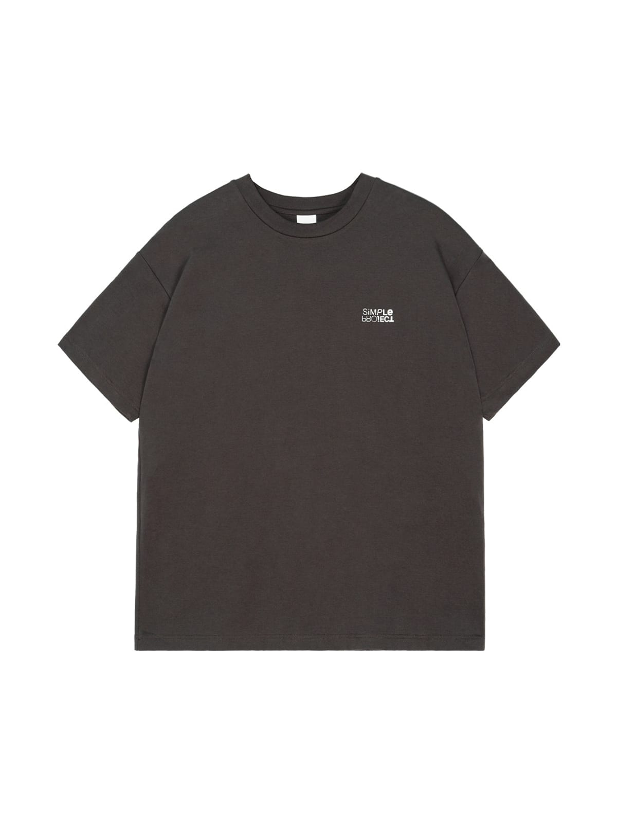 SIMPLE PROJECT Inverted Silver Logo Crewneck T Shirt in Charcoal