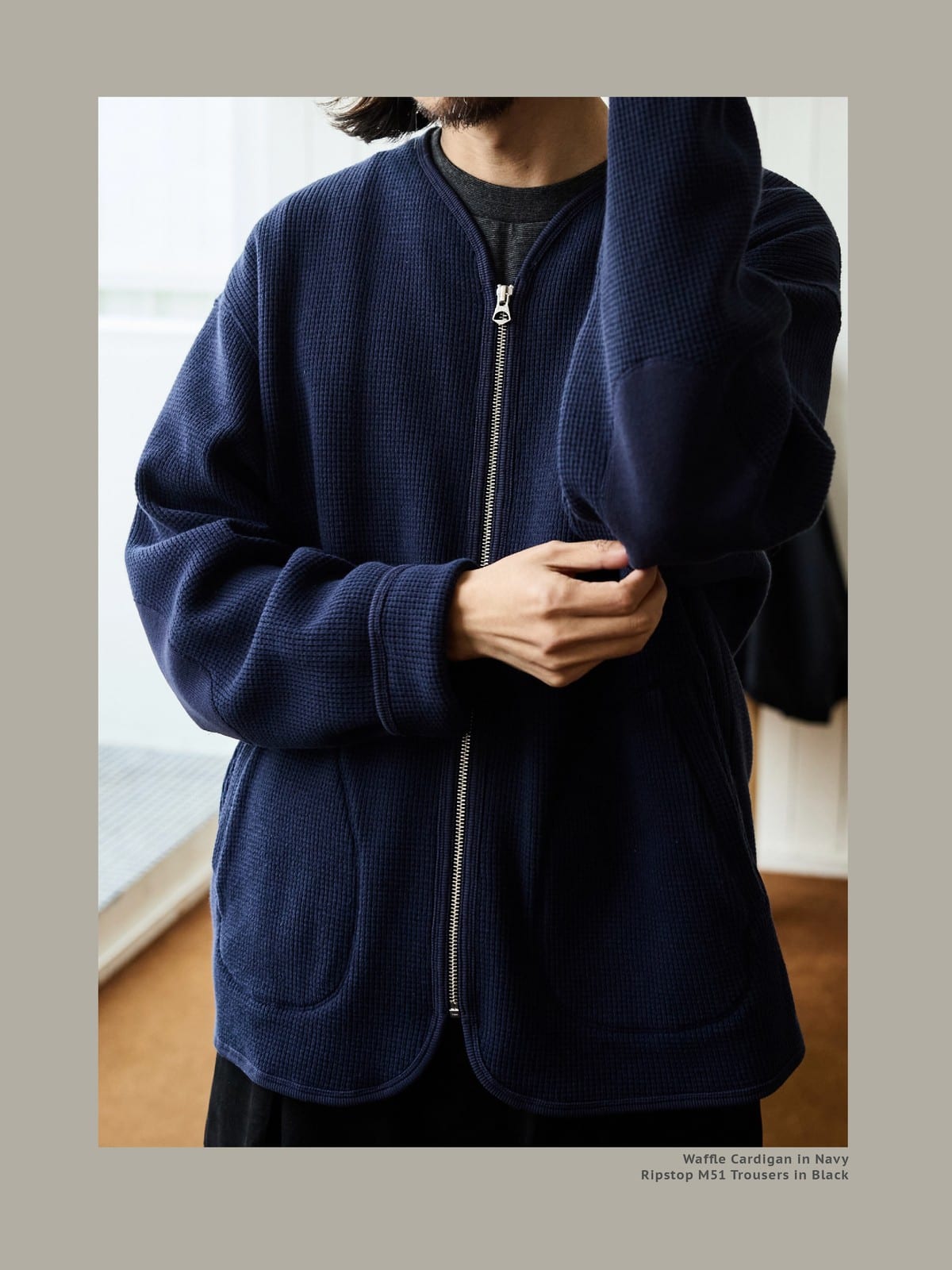 USAGE Heavyweight Waffle Knit Zip Cardigan in Navy Blue - On Male Model