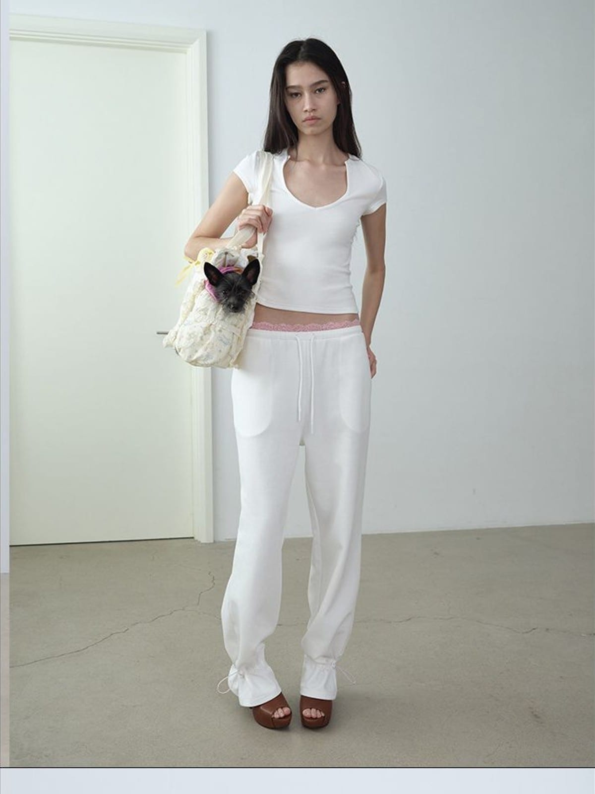 RARELY ALIKE Lace Waistband Adjustable Joggers in White - On Female Model