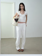 RARELY ALIKE Lace Waistband Adjustable Joggers in White - On Female Model