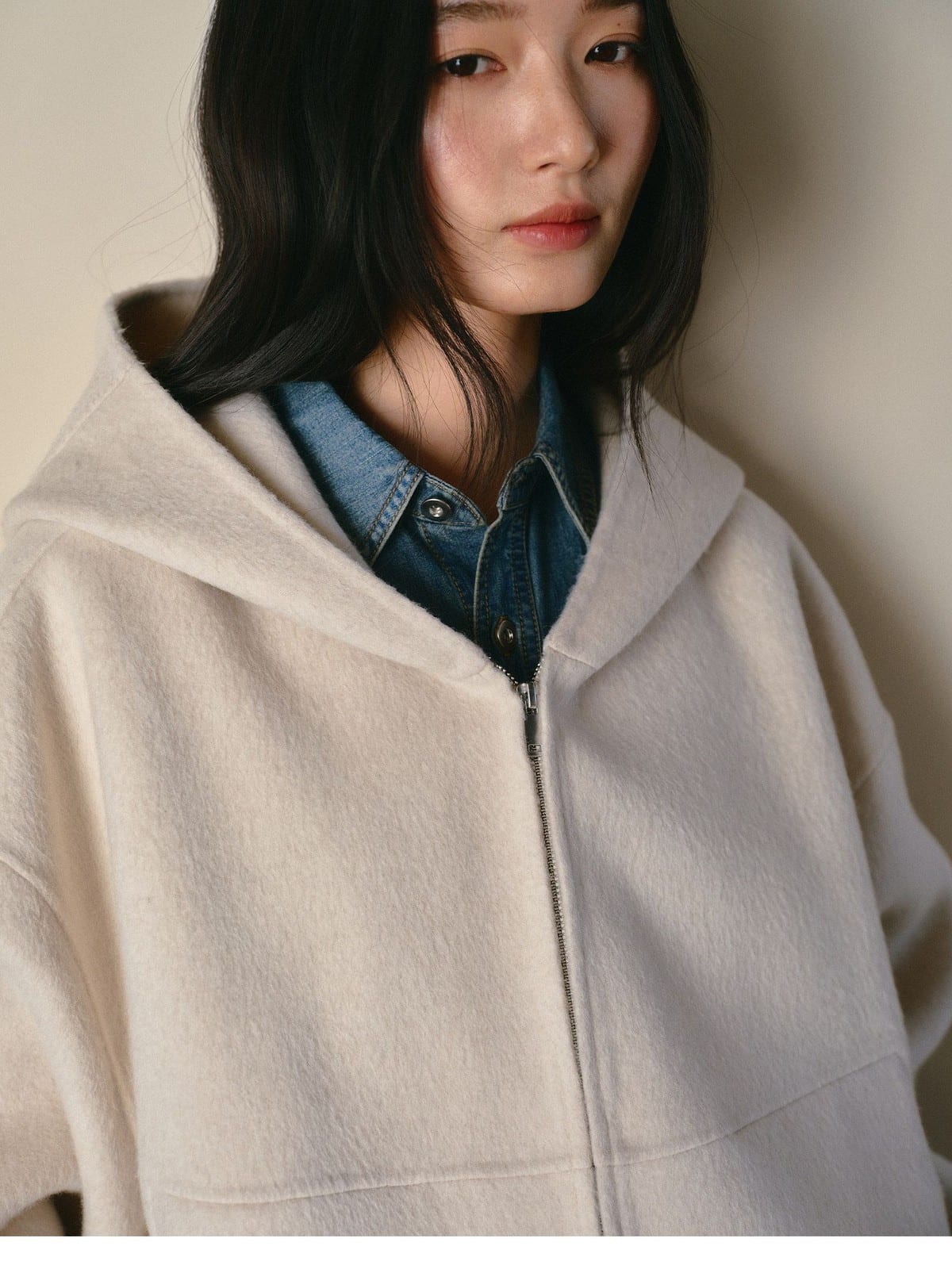 TEASEL Hooded Camel Wool Blend Jacket in White - On Female Model