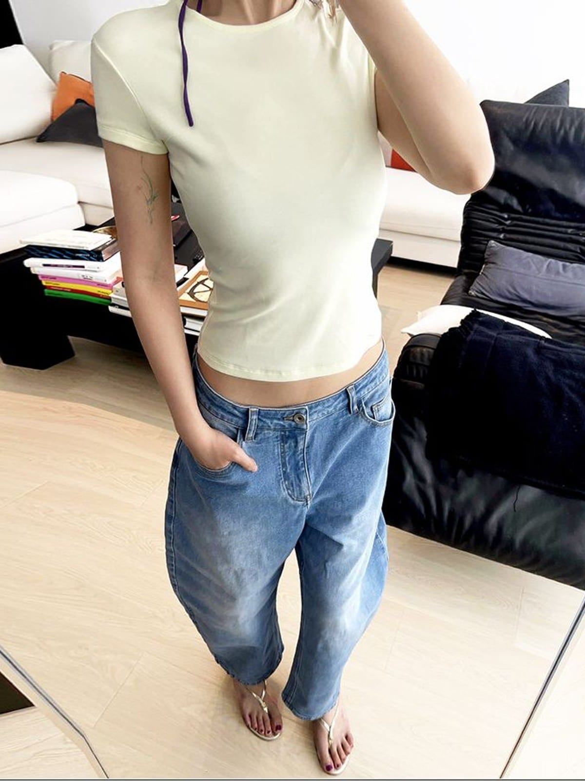 RARELY ALIKE Hourglass Cotton Crew Neck T Shirt in Yellow - On Female Model