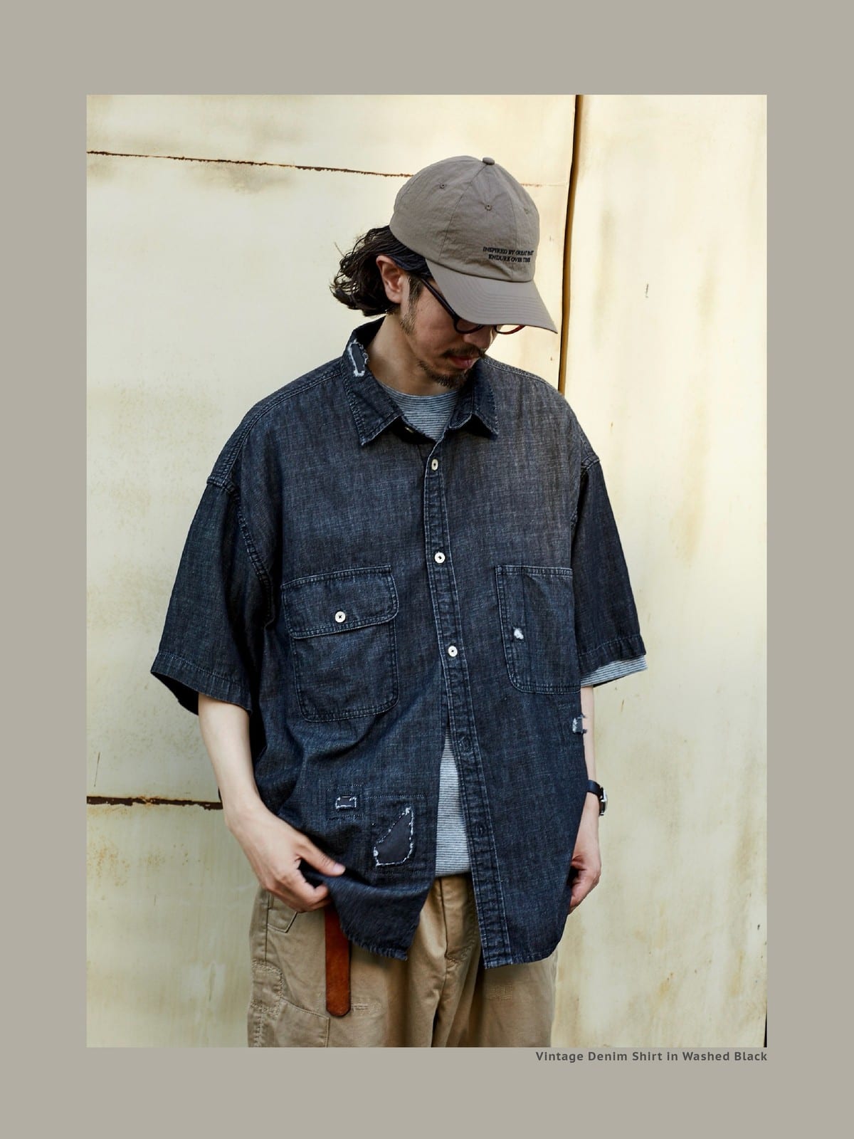 USAGE Distressed Short Sleeve Denim Shirt in Gray - On Male Model