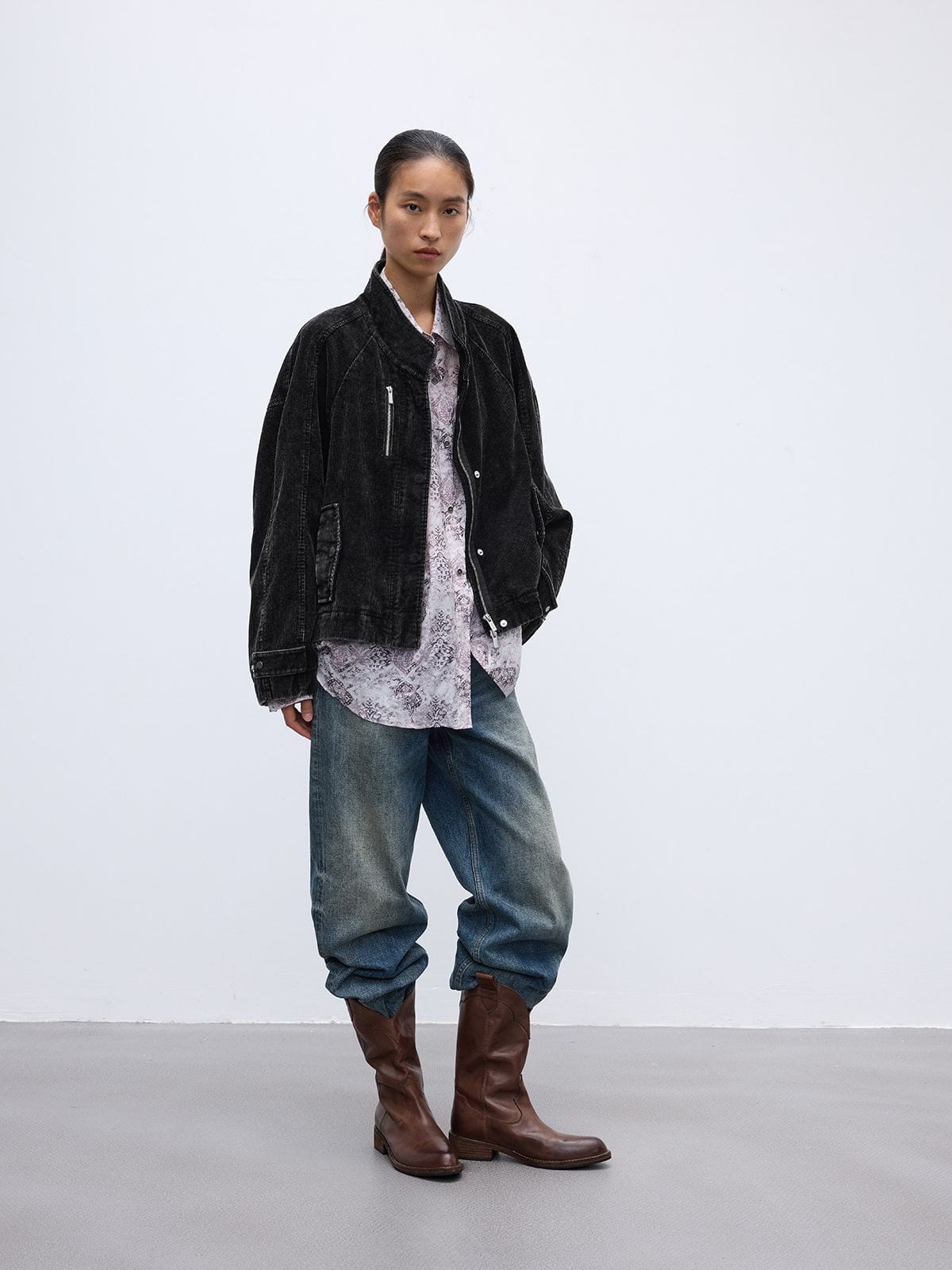 Random Piece Distressed Corduroy Cropped Jacket in Black - On Female Model