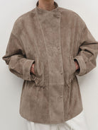 MSBEAST Drawstring Sheep Leather Jacket in Taupe - On Female Model