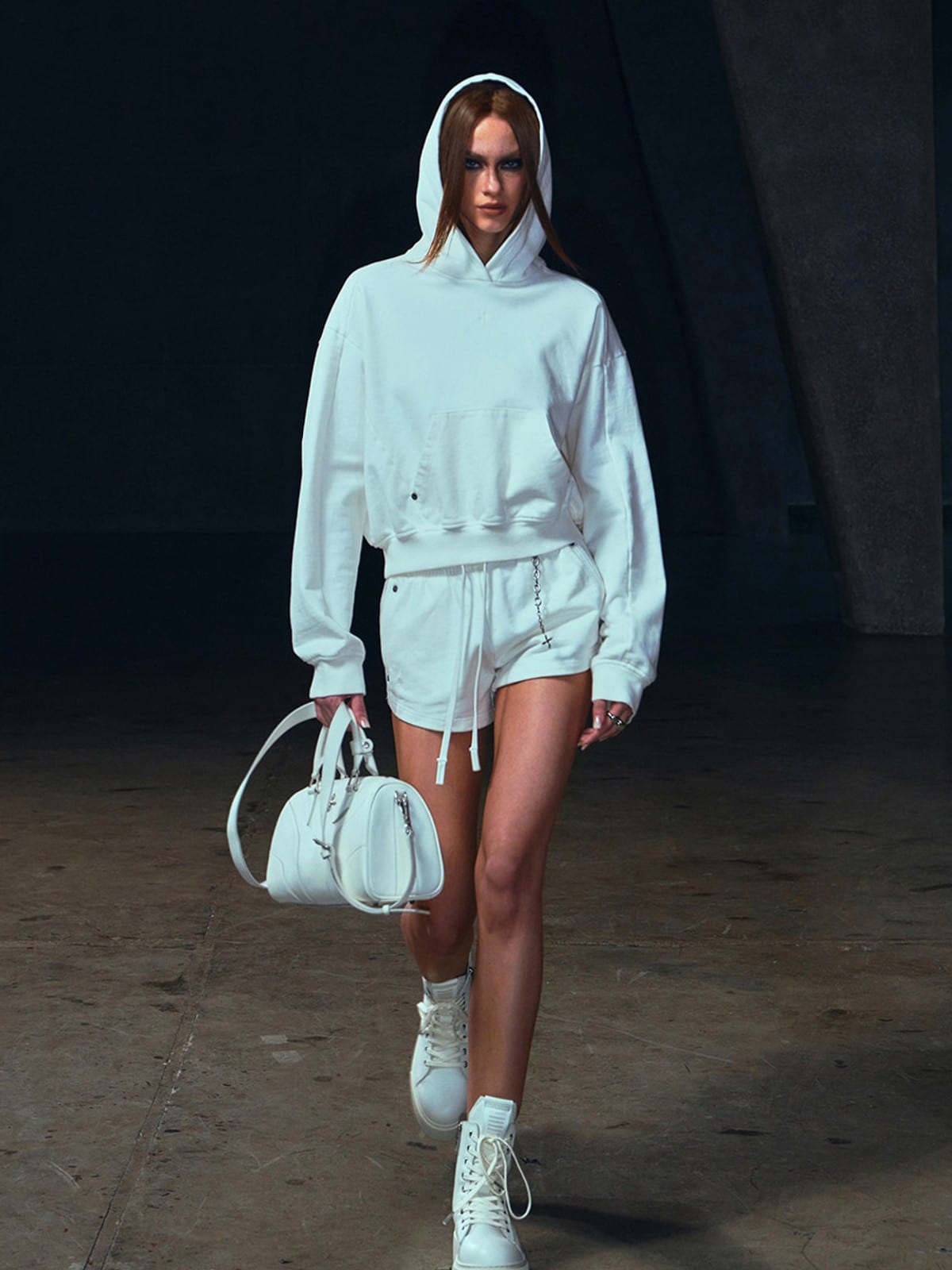 SMFK Meditation Cropped Cotton Hoodie in White - On Female Model
