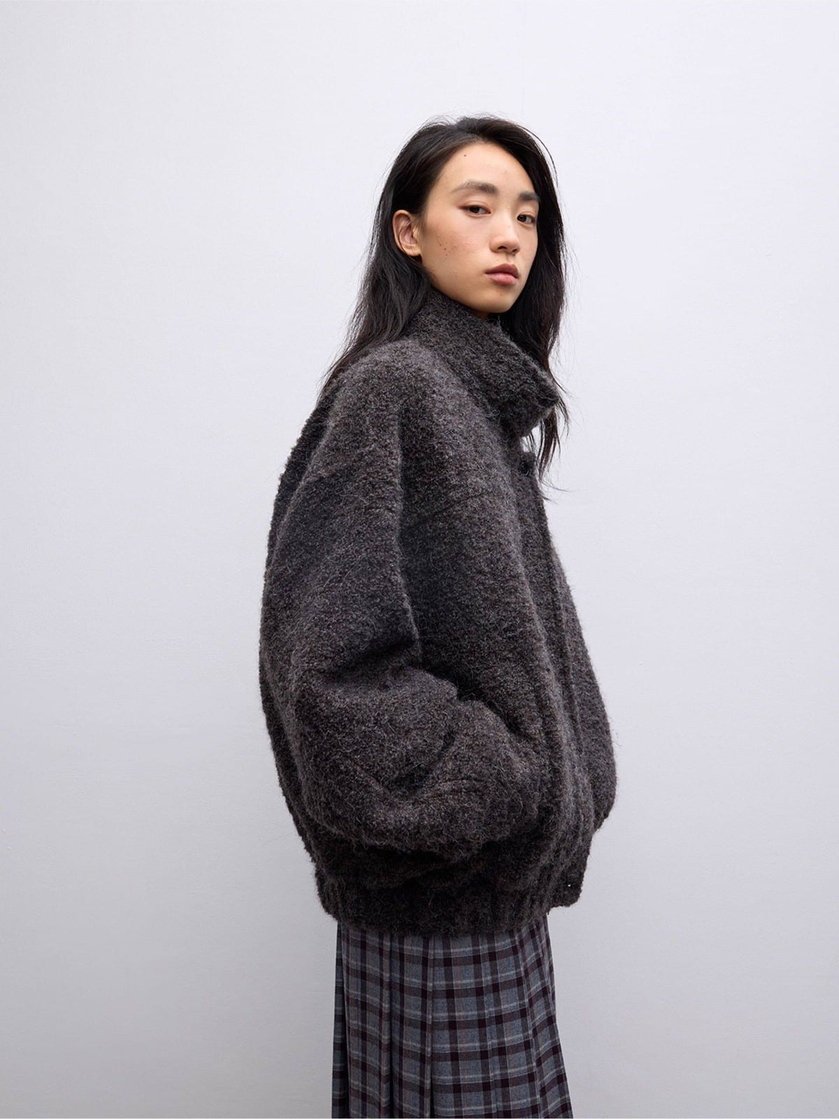 Random Piece Alpaca Blend Boucl Zip Jacket in Gray - On Female Model