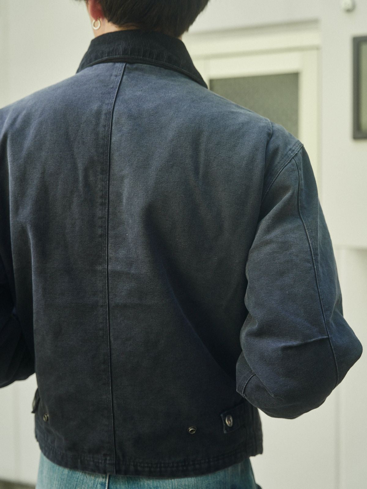 Retro 21 Washed Cotton Padded Work Jacket in Navy Blue - On Model