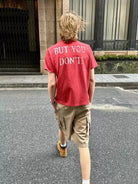 VLABMADE Distressed Slogan Boxy T Shirt in Red - On Model