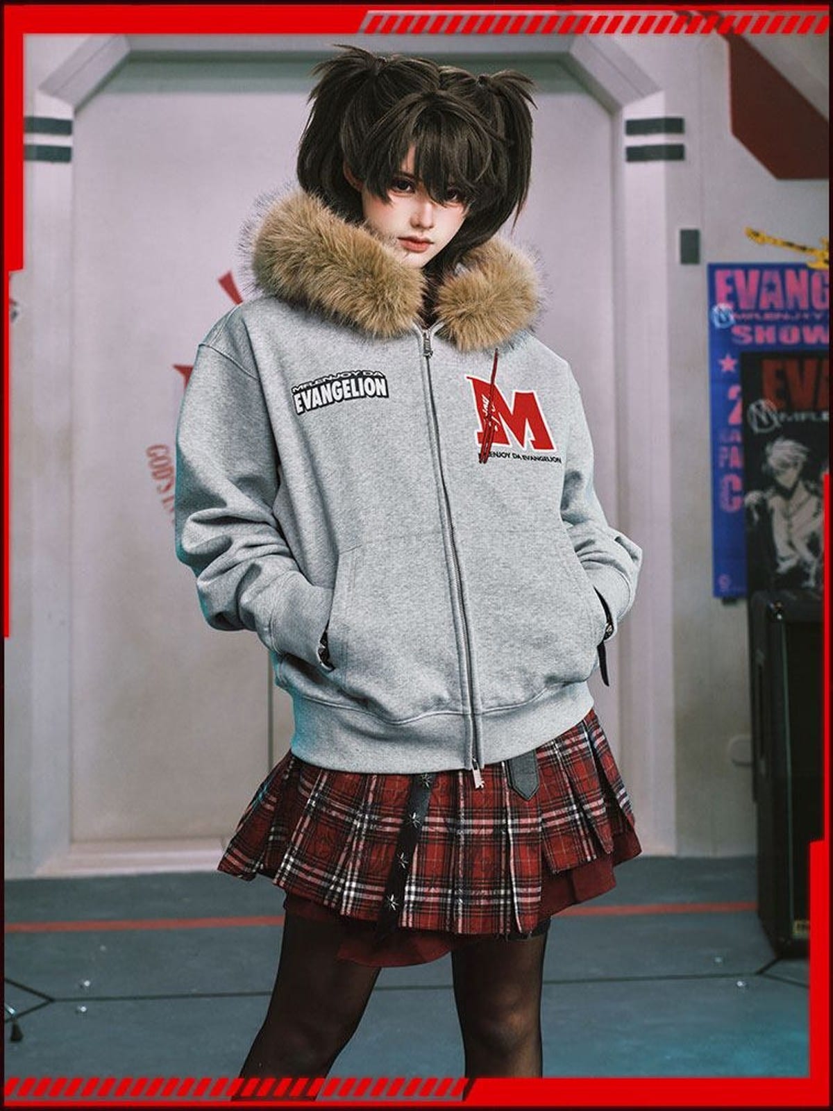 MEDM Faux Fur Trimmed Graphic Zip Hoodie in Gray - On Female Model