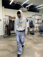 NeverSeez Star Patchwork Raw Edge Hoodie in Gray - On Male Model